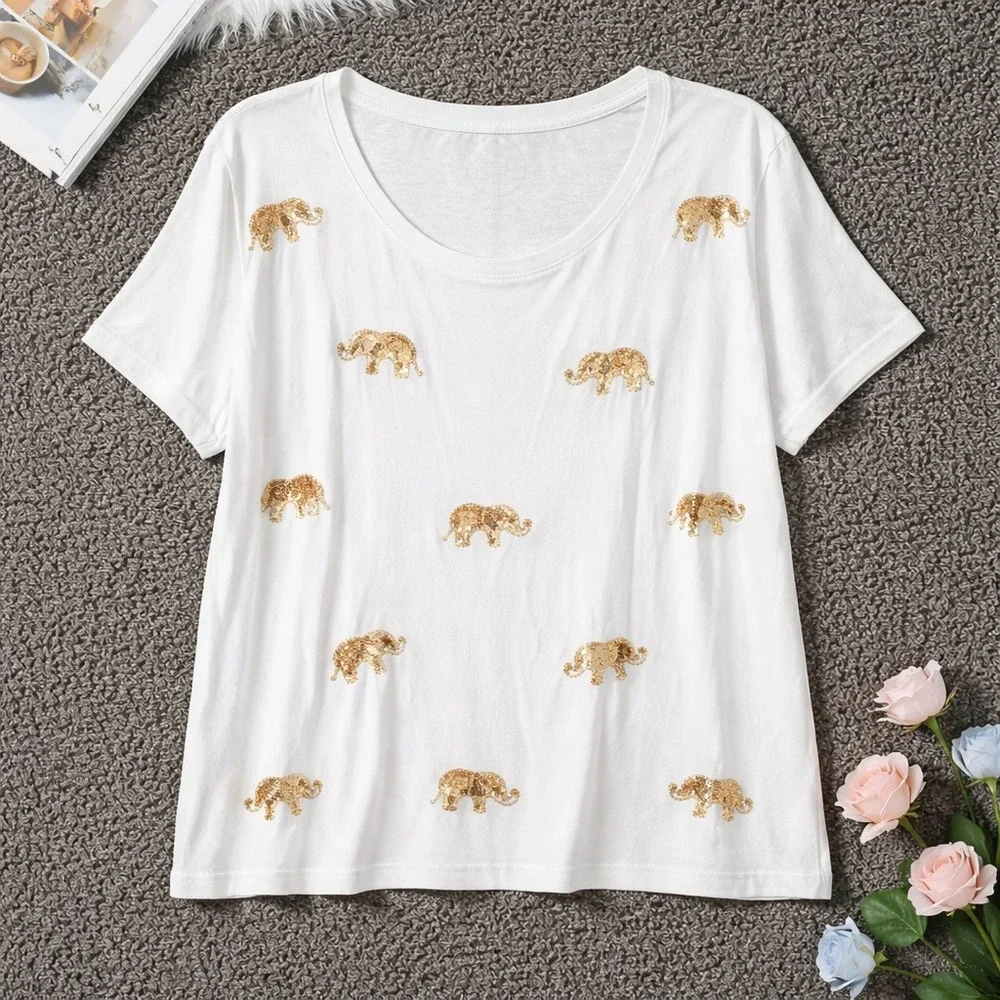 INC International Concepts 2X White Sequin Elephant T-Shirt Top - Picture 1 of 10